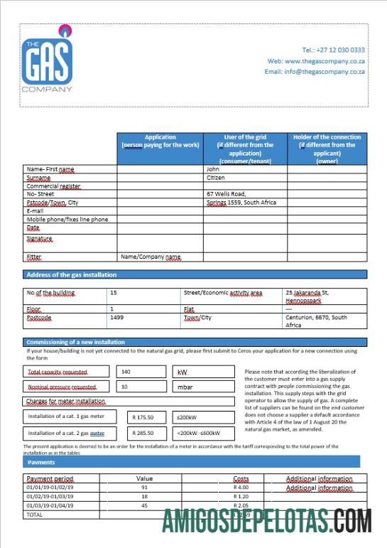 África do Sul The GAS Company Gas Bill em formato Word modelo